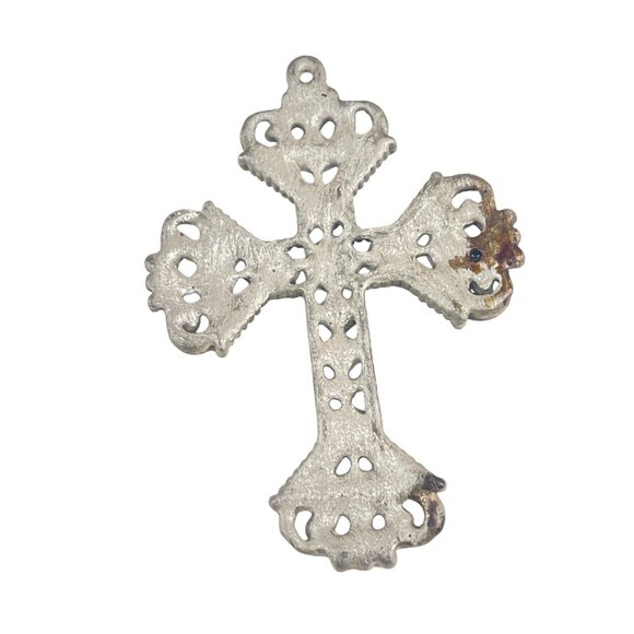 Vintage Florentine Filigree Cross Pendant 3.5" Silver-Tone Metal Religious Ornam - Picture 3 of 6